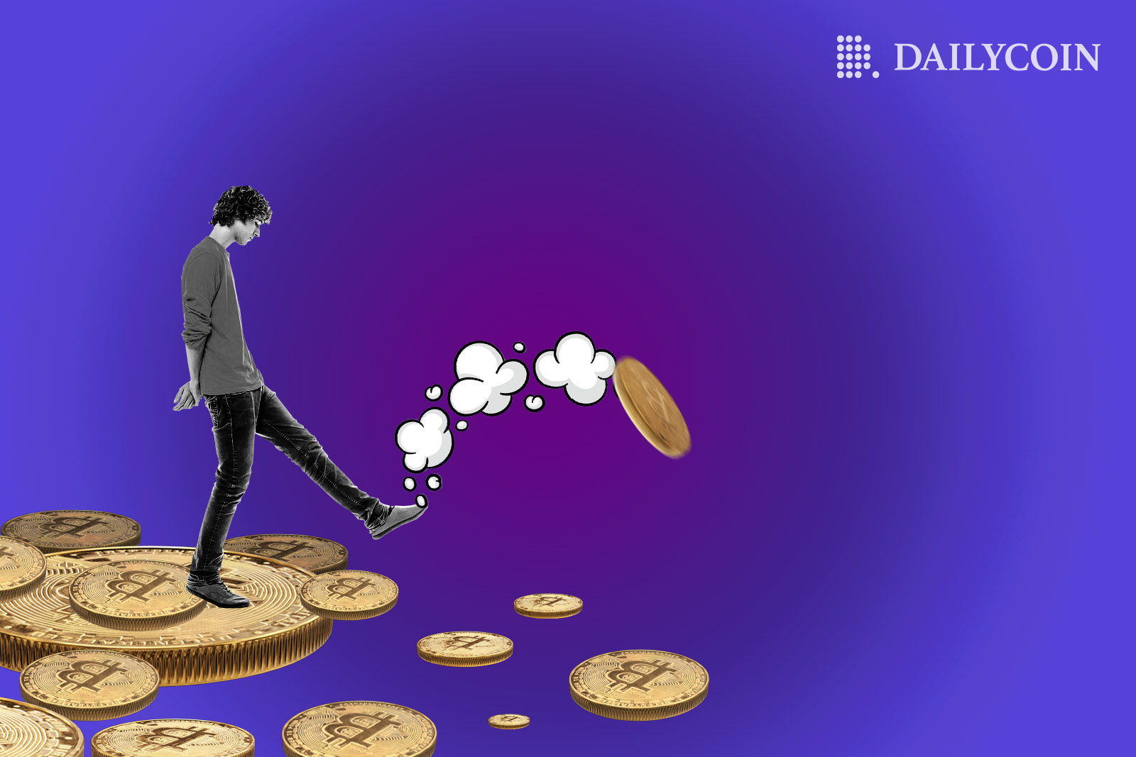 A sad person kicking giant bitcoin coins
