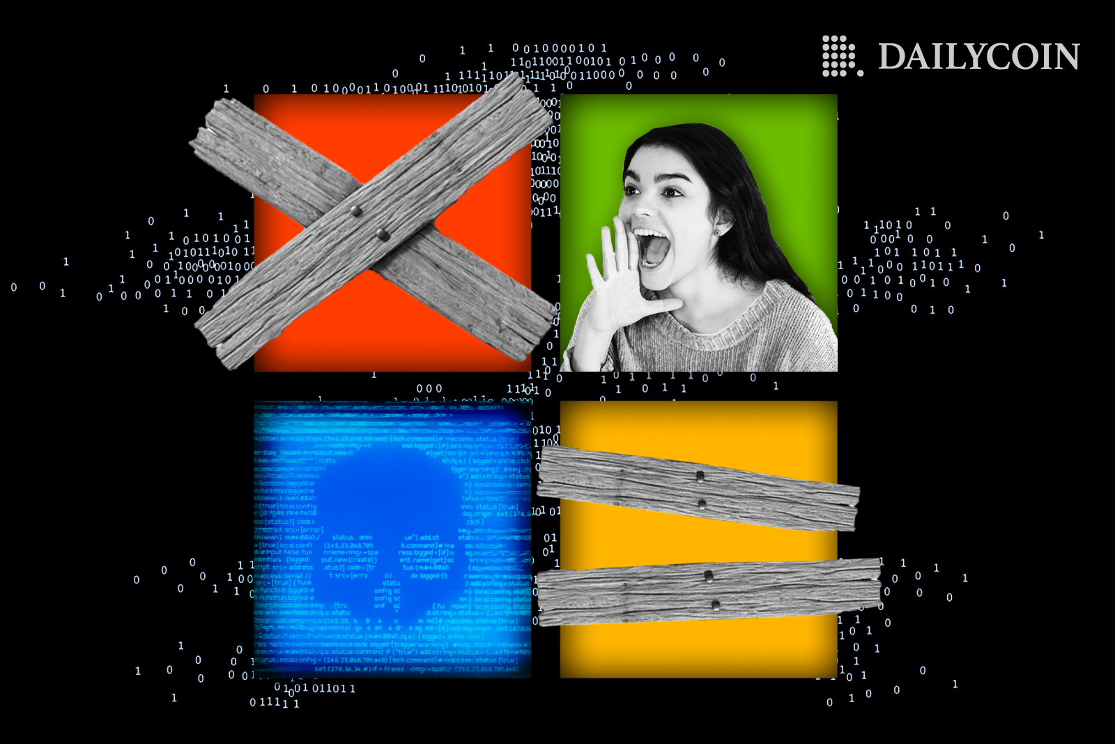 Microsoft logo with woman shouting skull and boards used to seal windows