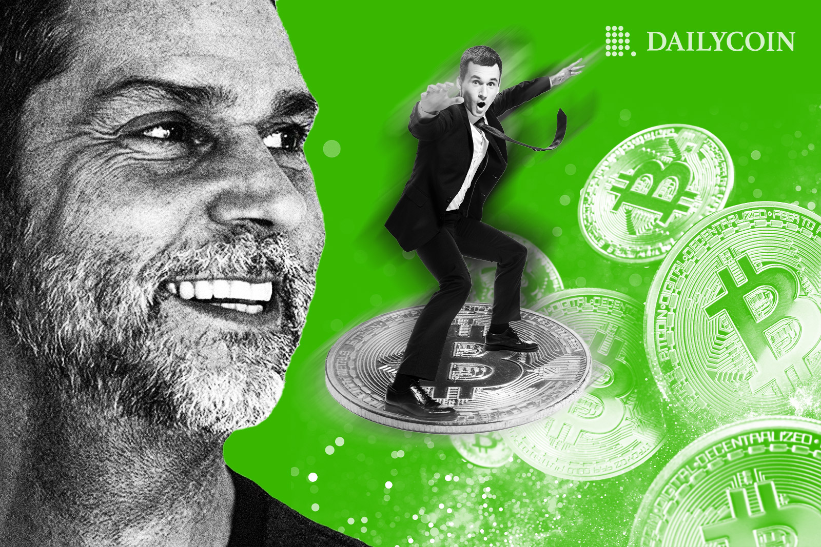 Raoul Pal smiling with Bitcoin logos in the background.