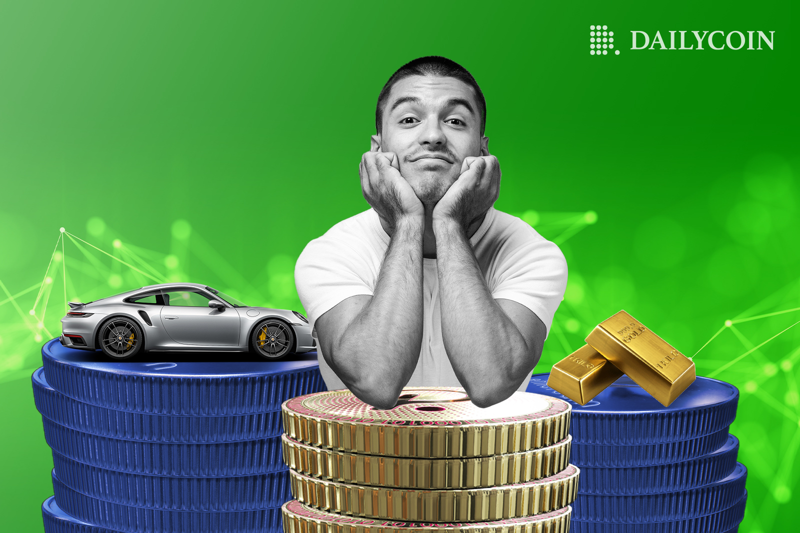 Illustration of a man leaning on some coins, with cars and gold bars on his sides.