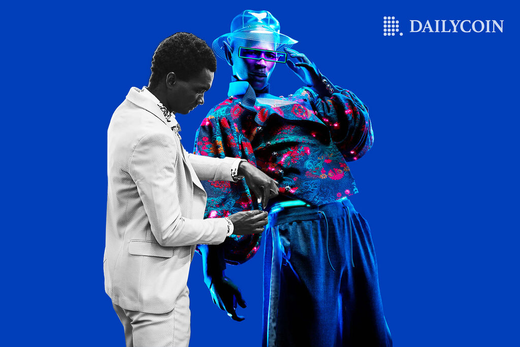 A man with white lab coat fixing a blue robot