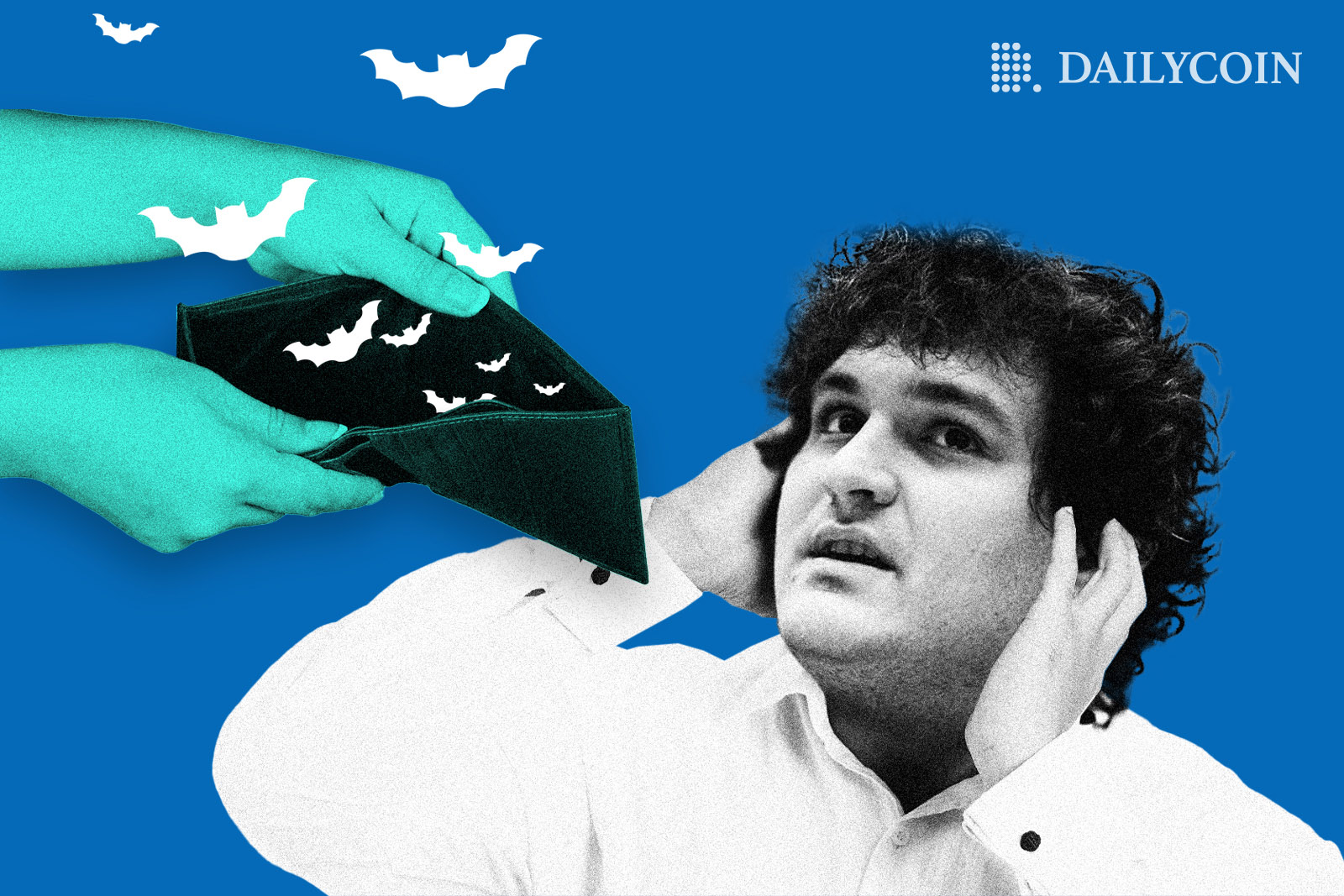 Sam Bankman-Fried covering his ears with his hands next to an empty wallet with bats flying out of it
