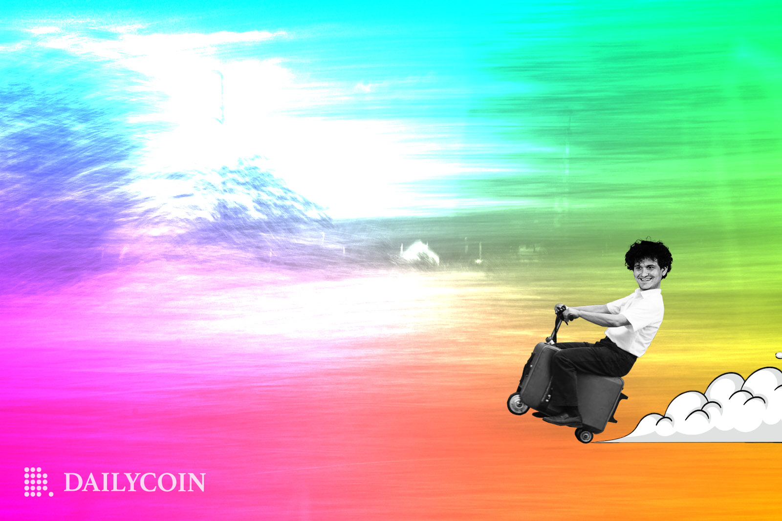 Sam Bankman Fried on a motorcycle speeding through colorful smoke