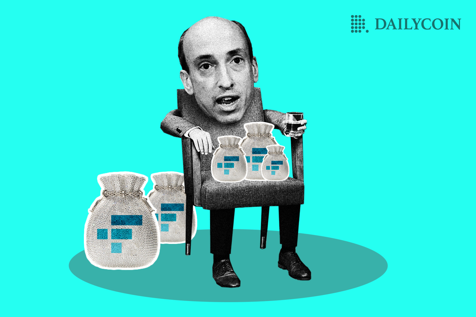 SEC Chair Garry Gensler holding bags of FTX token