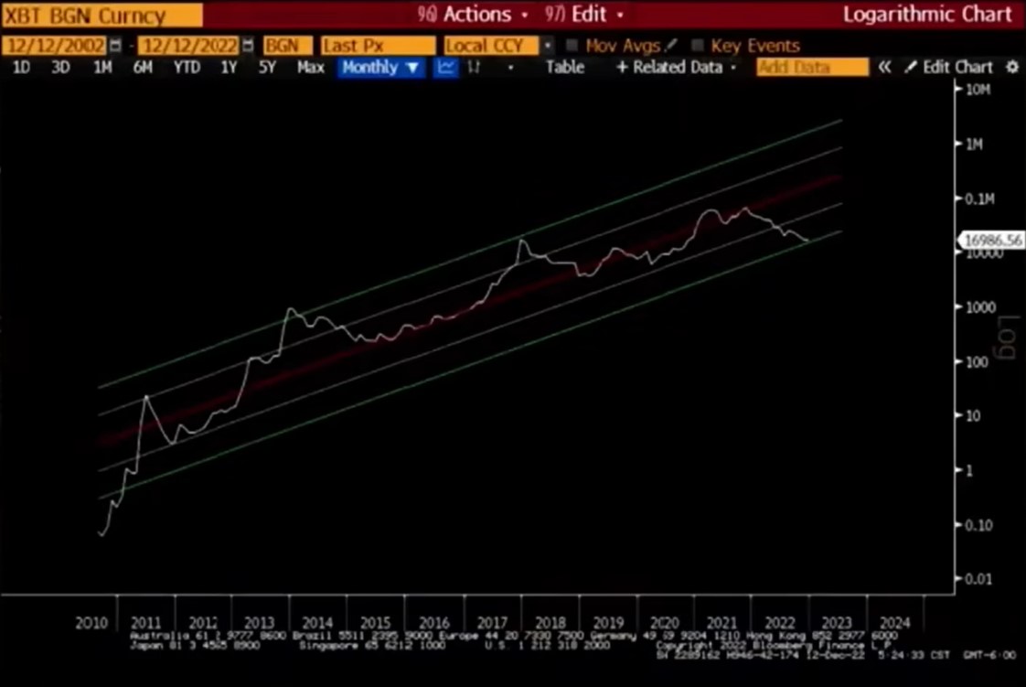 Raoul Paul’s logarithmic chart A logarithmic chart showing standard deviations in Bitcoin price.