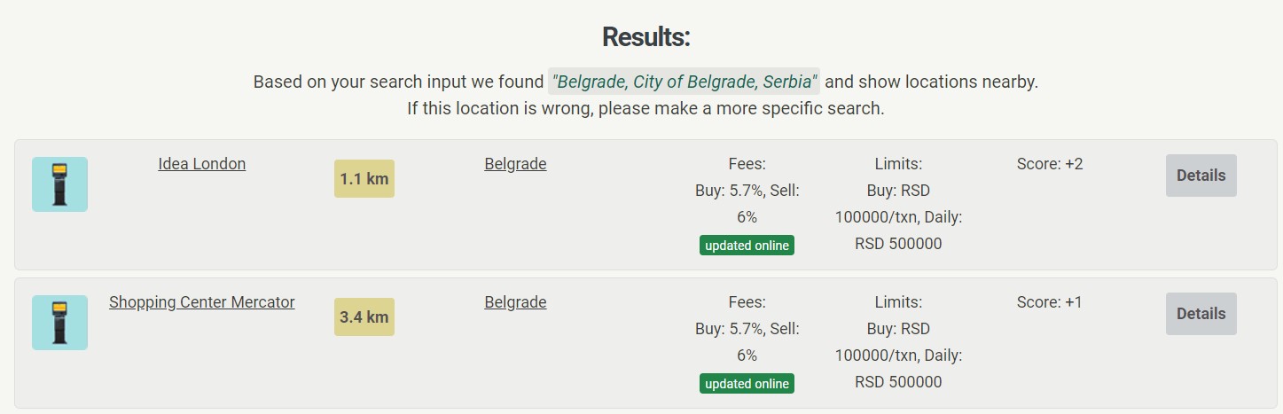 Screenshot 2022-12-23 150320 Coin ATM Radar showing two local Bitcoin ATMs in Belgrade.