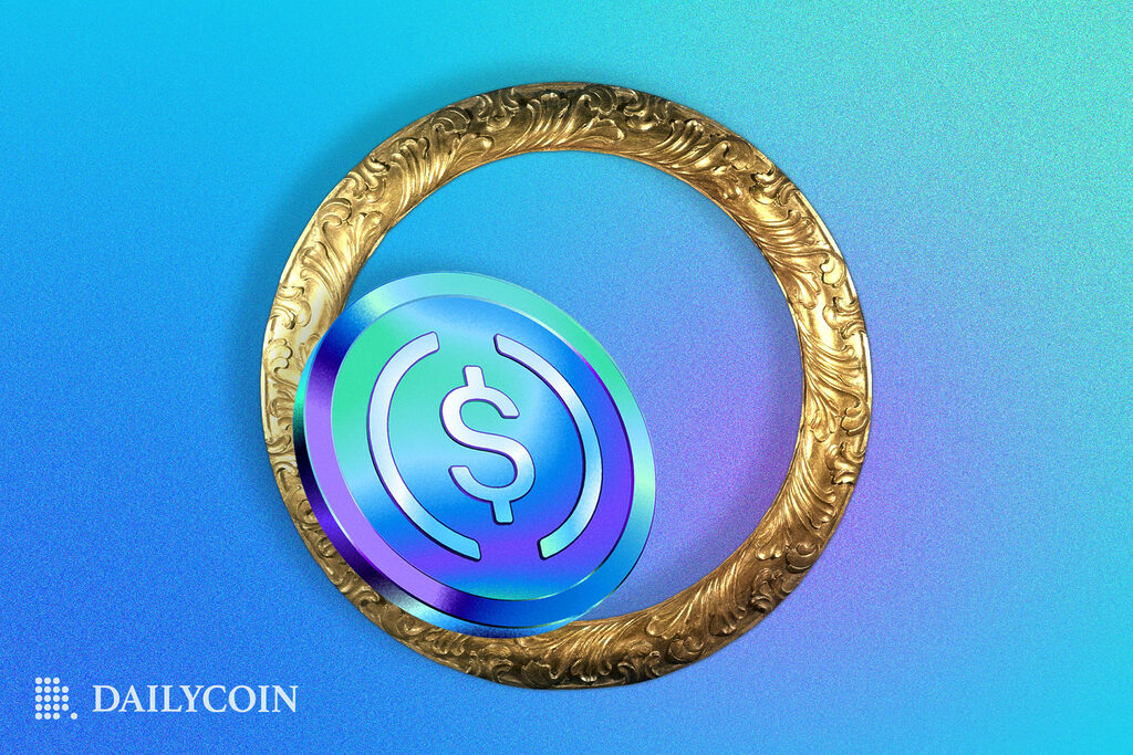 Blue Circle USDC coin inside of a golden ring