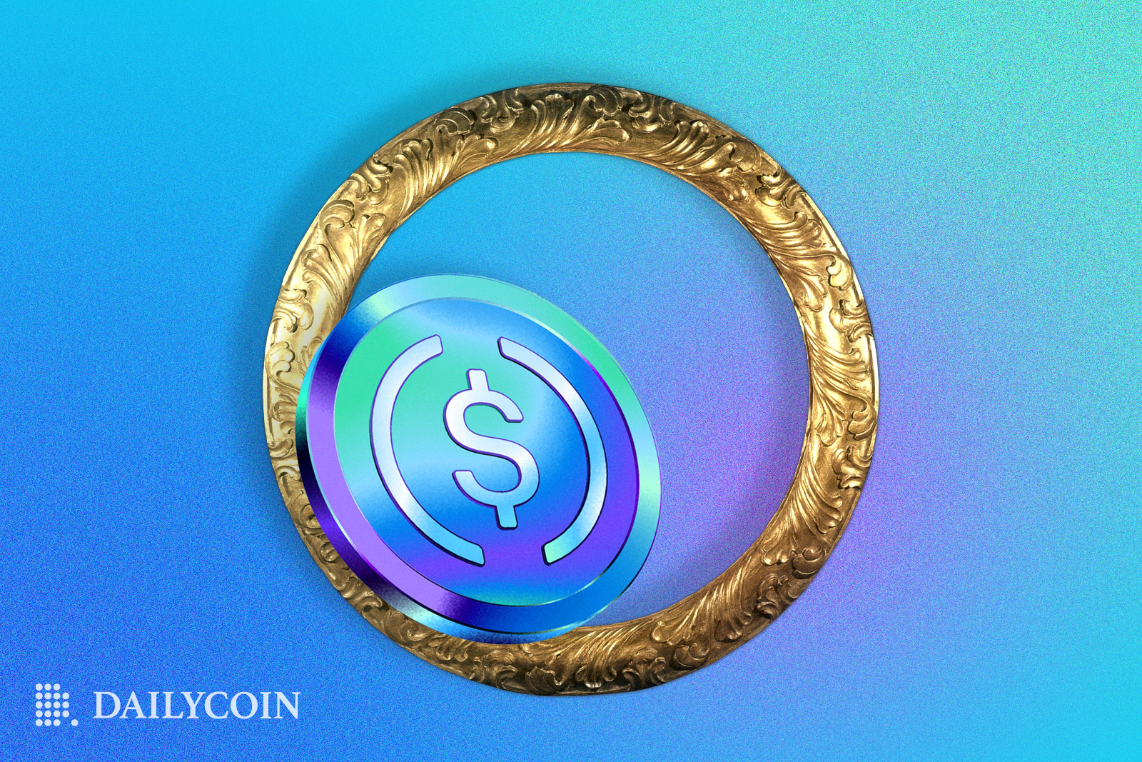Blue Circle USDC coin inside of a golden ring