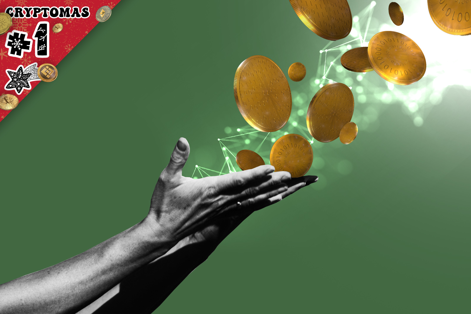 A chrismassy corner showing #1. The middle shows cupped hands catching golden coins