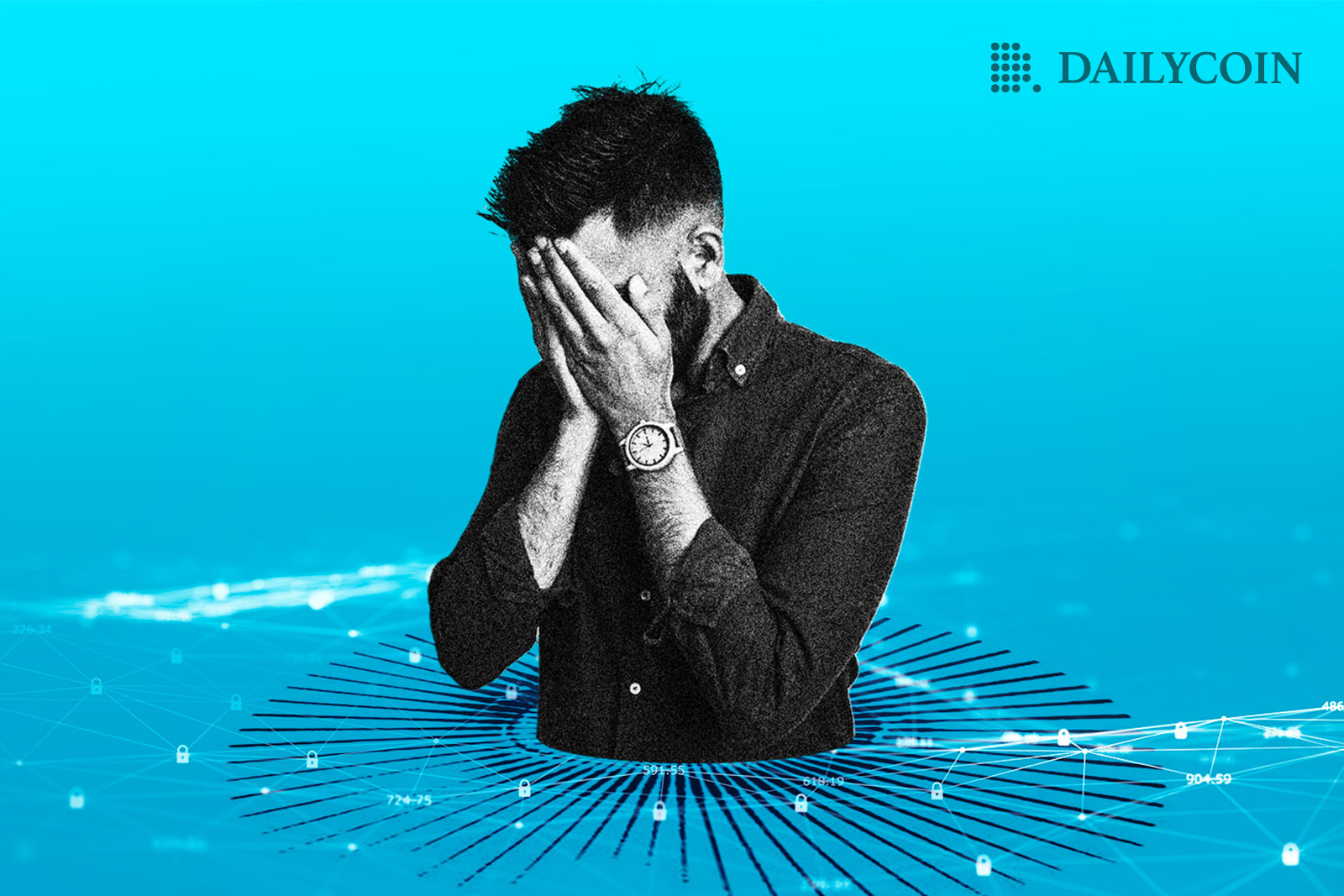 A distressed man standing in water and covering his face with hands