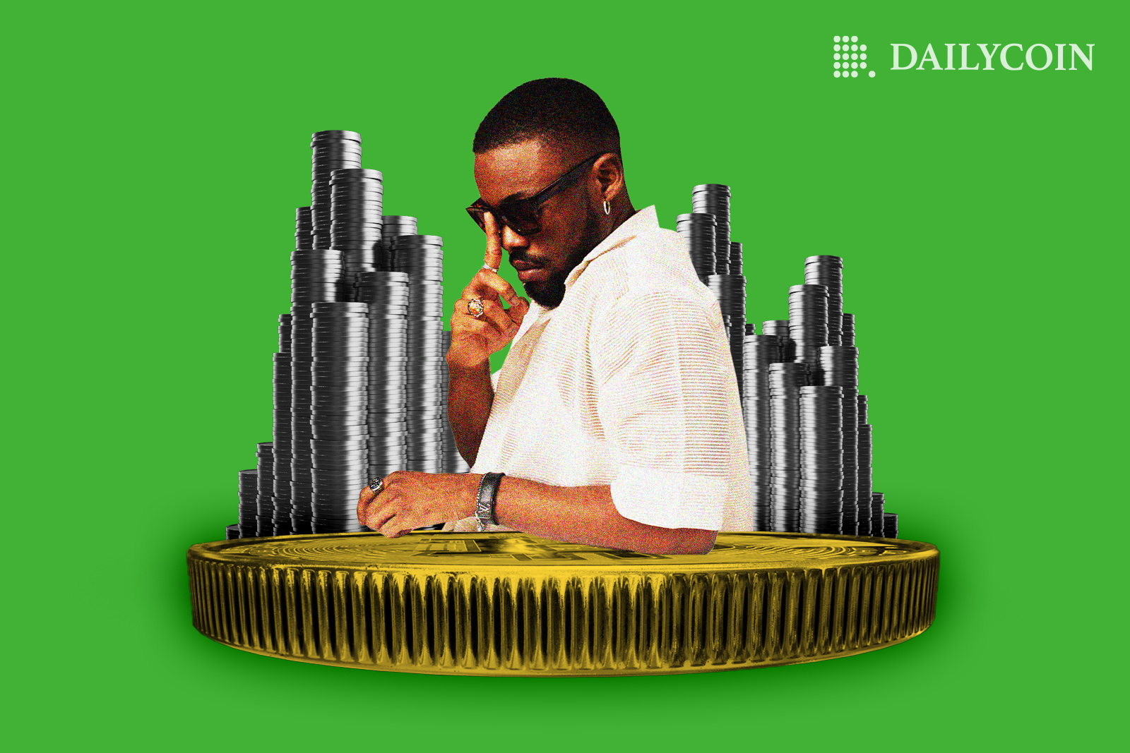 Human next to stacks of crypto coins on green background