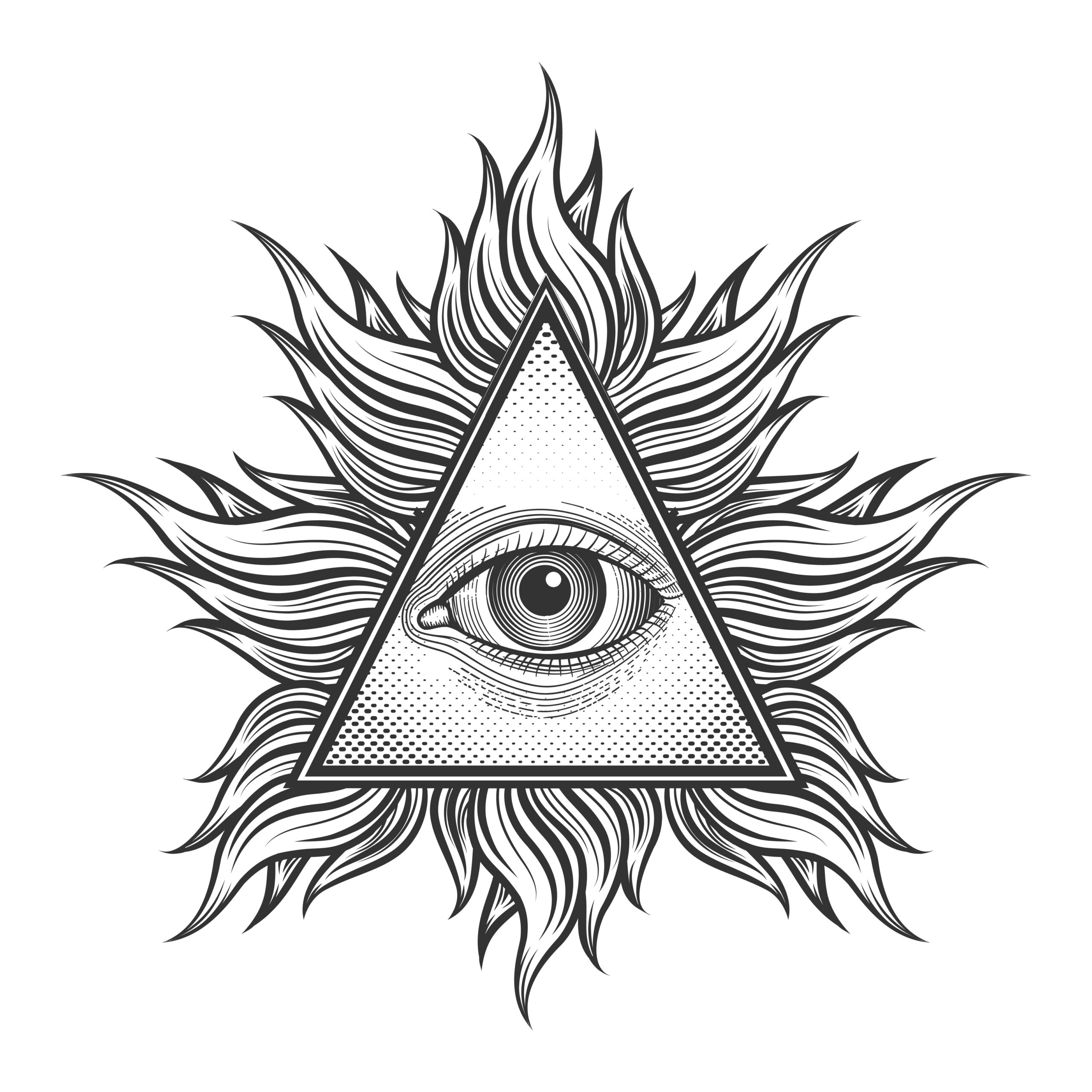 All seeing eye pyramid symbol in the engraving tattoo style