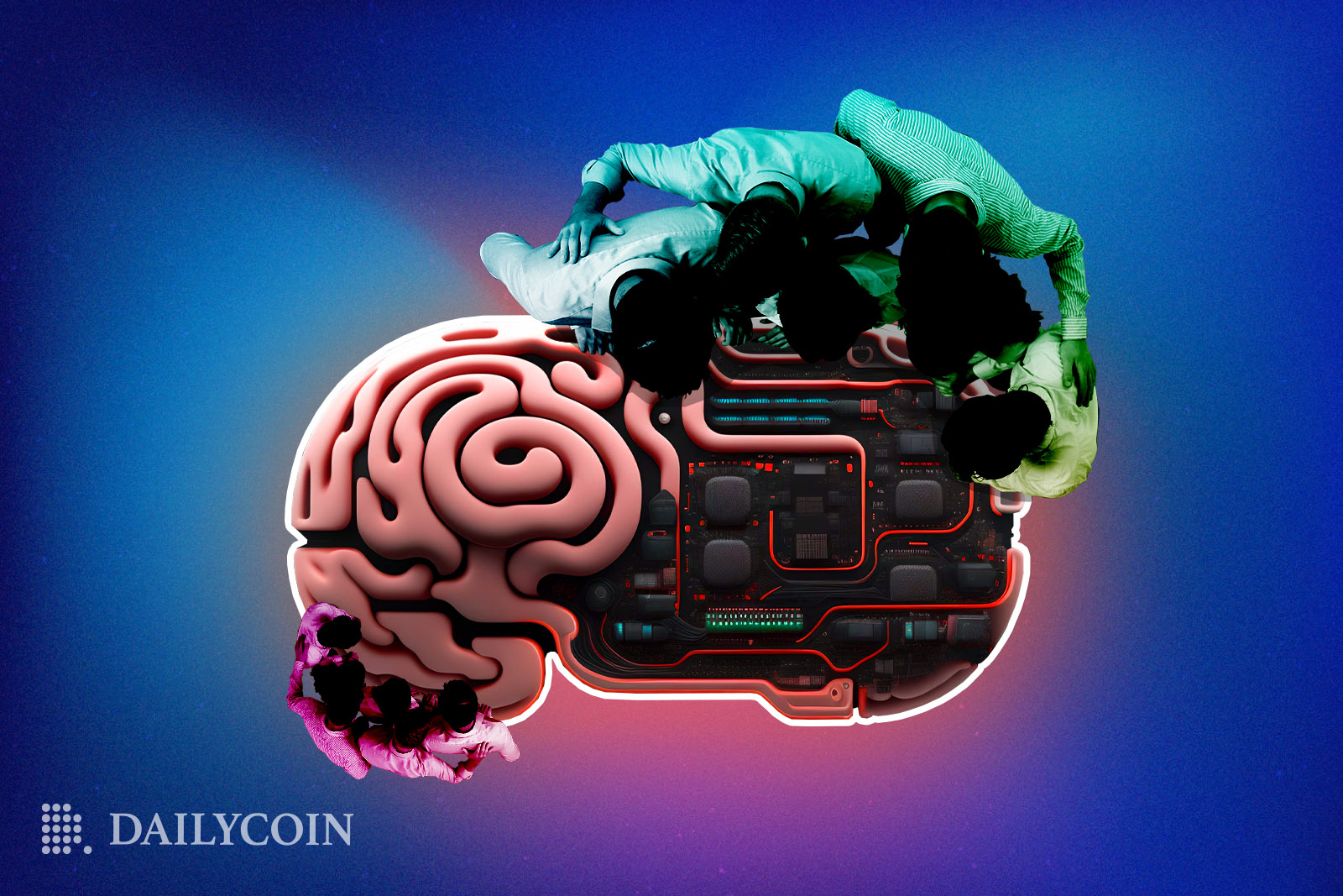 A group of people gathering to look closely at a digital brain.