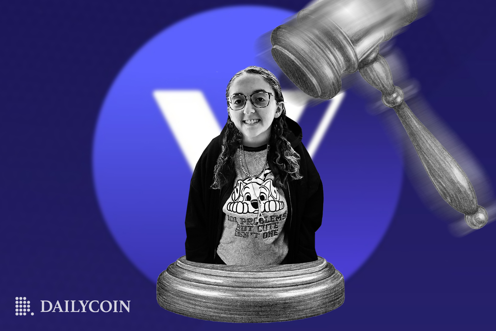 Caroline Ellison smiling with a big hammer above her head