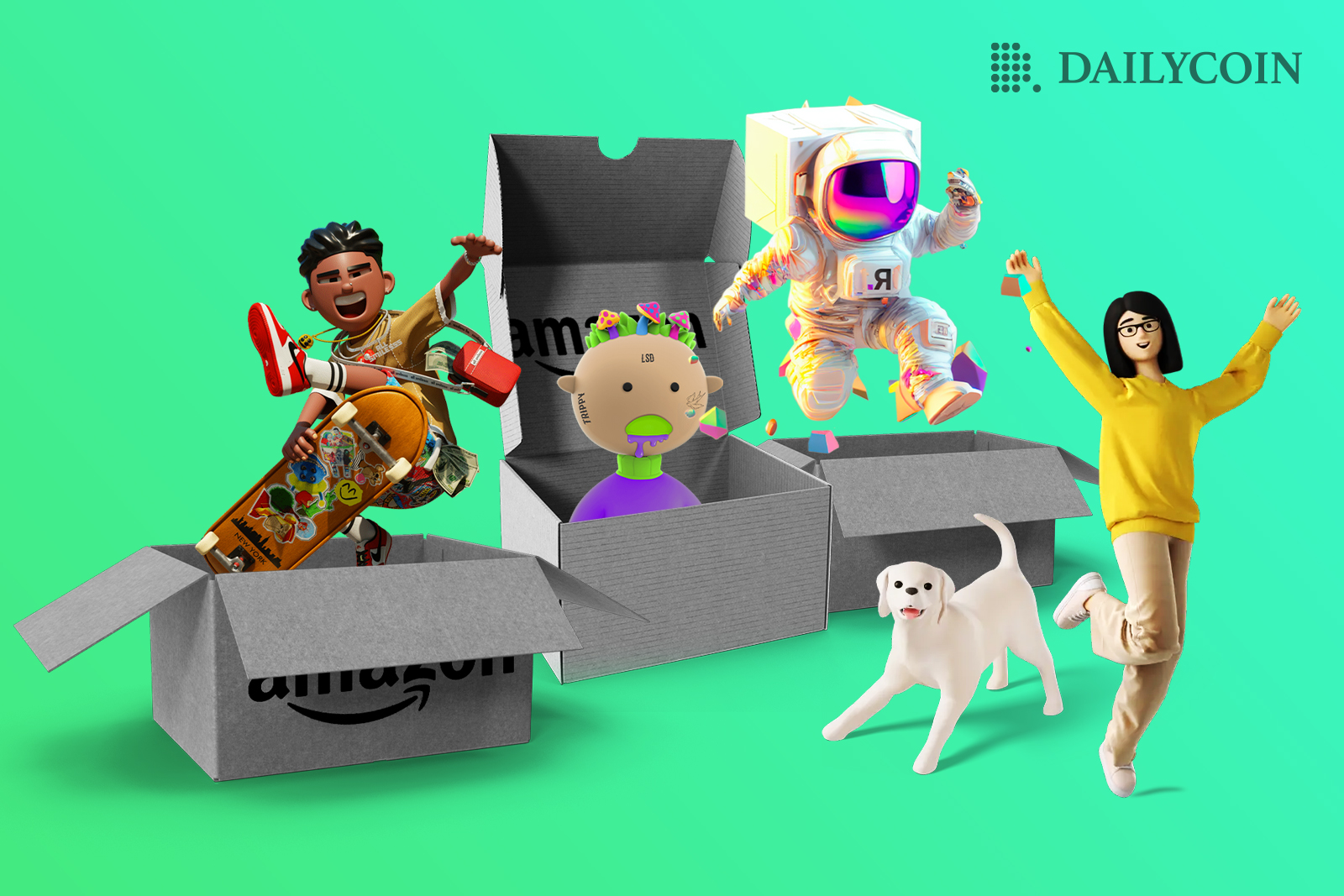 NFT characters jumping out of Amazon boxes.