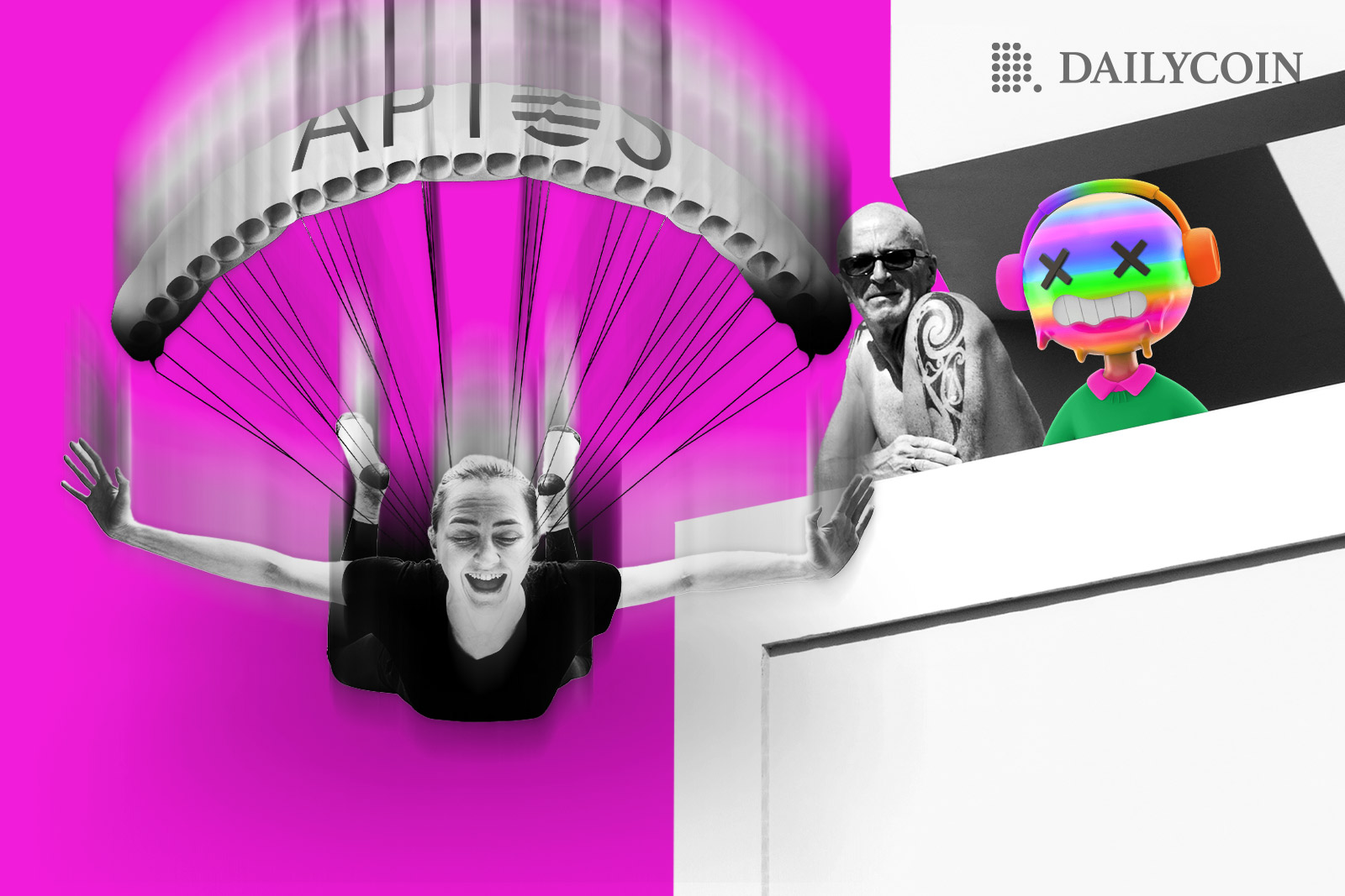 A girl falling down from the sky with a parachute, as an old guy with glasses and his virtual buddy watches it from the balcony.