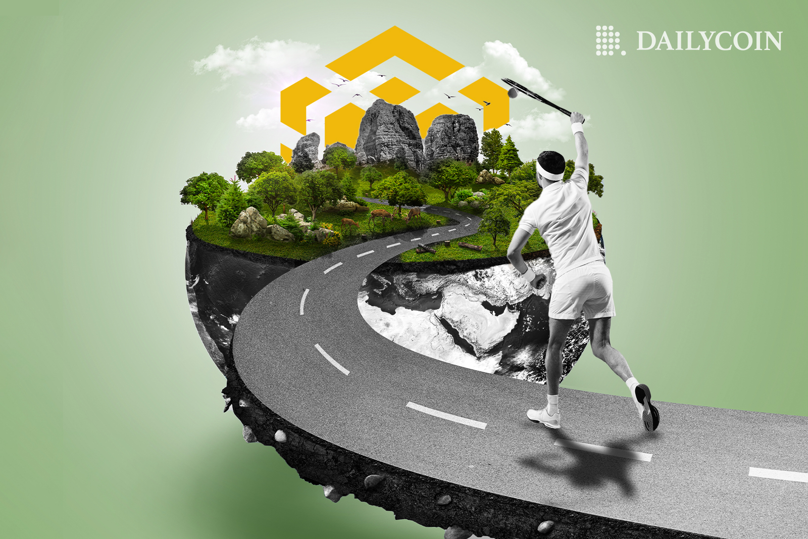 A man running on road suspended in air towards bnb chain logo.