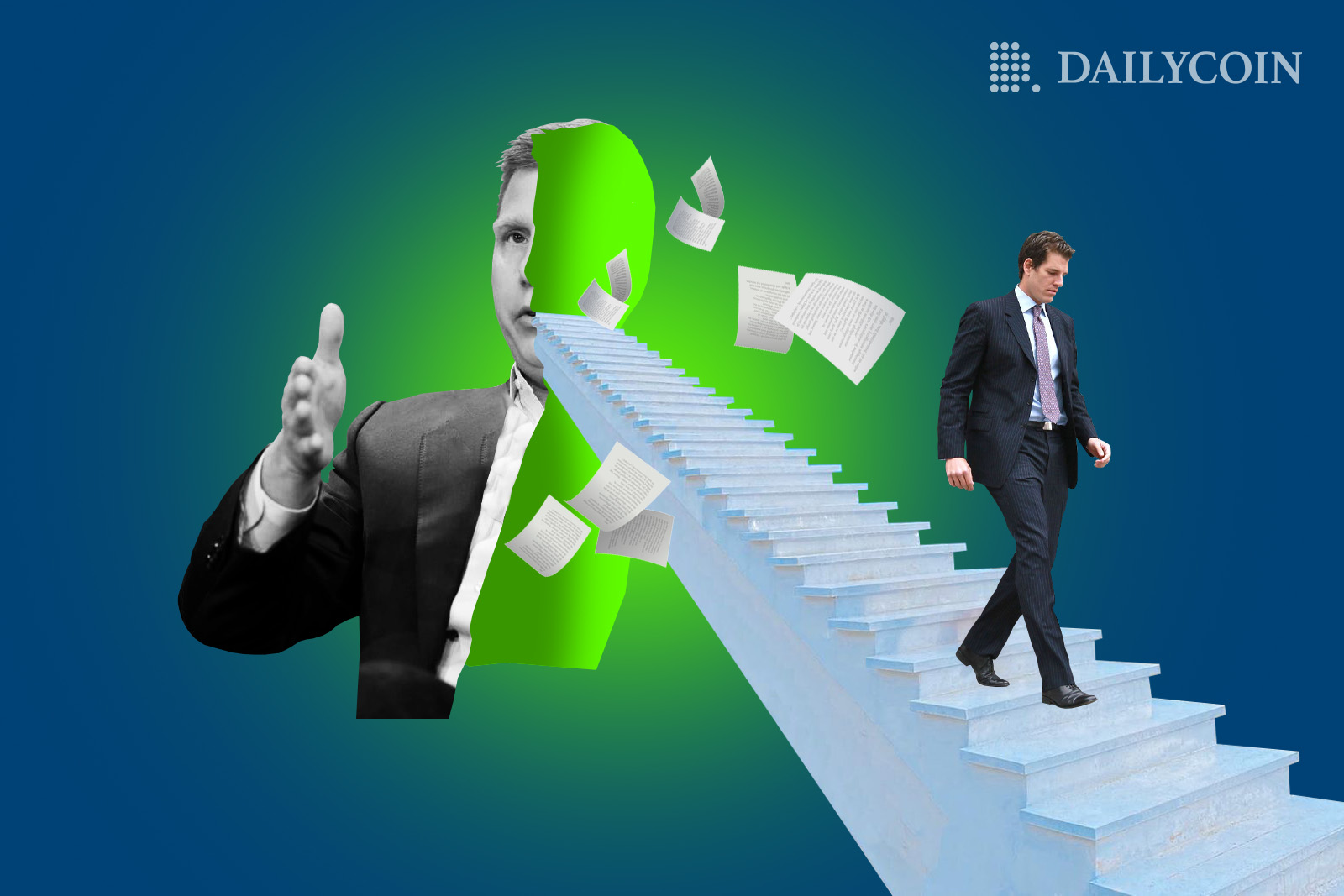A man in suit is going downstairs while another man cut in half is pointing his hand at something and papers are flying around. Gemini, Genesis
