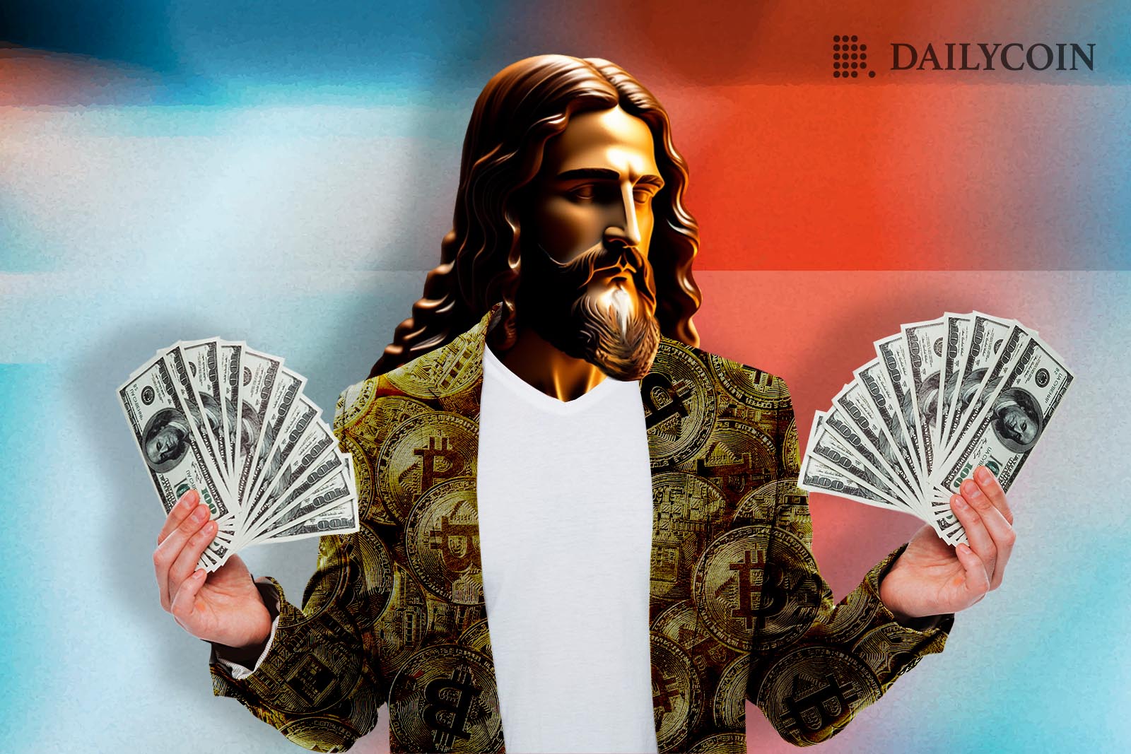 Bitcoin Jesus Roger Ver holding fans made of money.