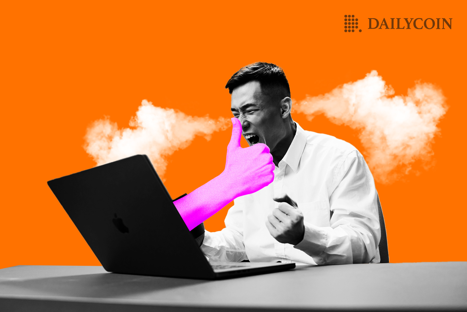 Angry man being punched by a pink human hand coming out of a computer