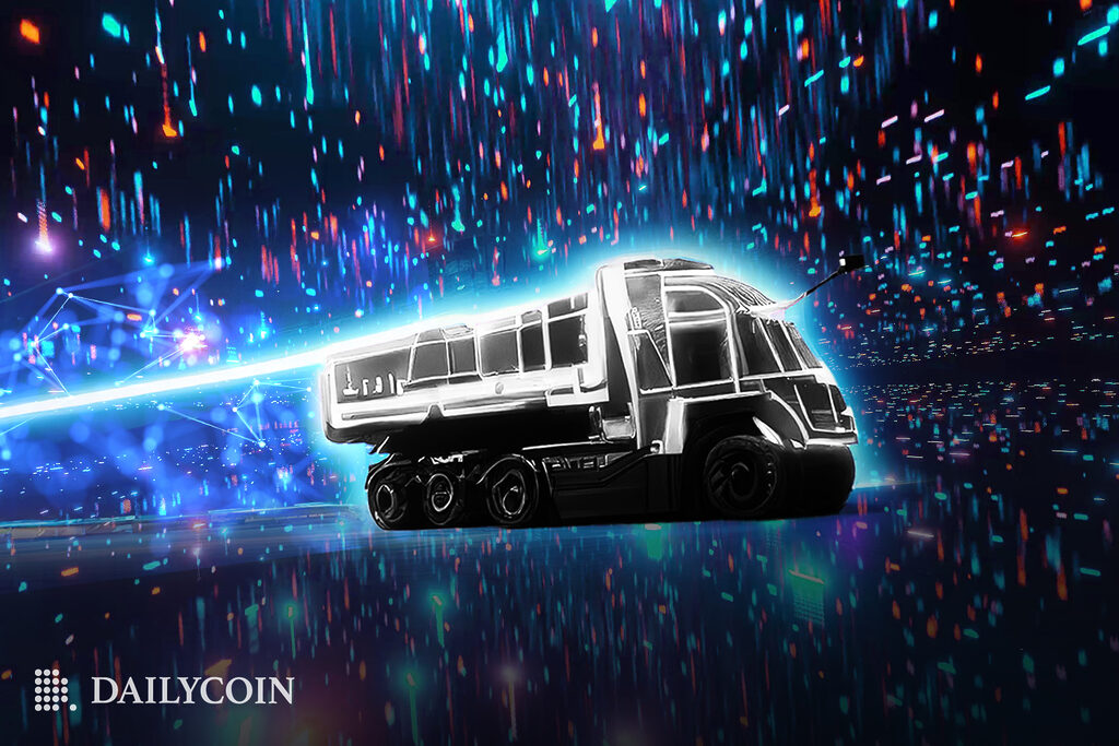 A silver truck driving through a rainy night.