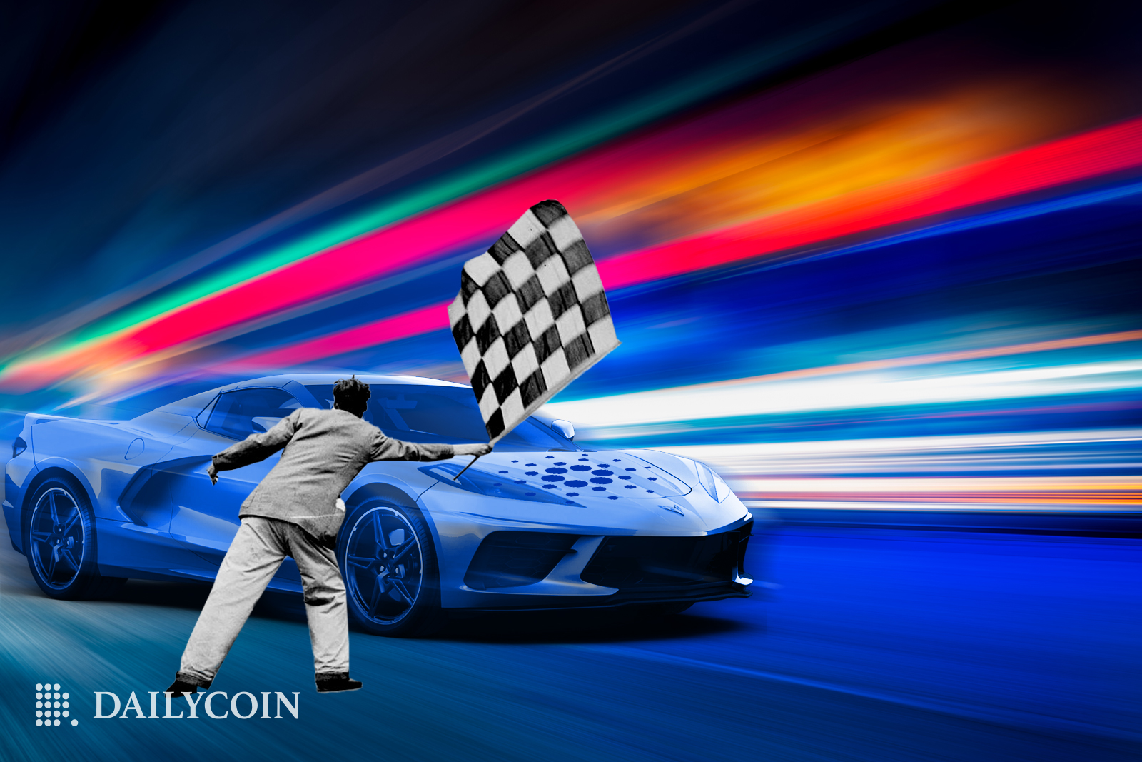 Sports car racing towards a man holding finish flag.
