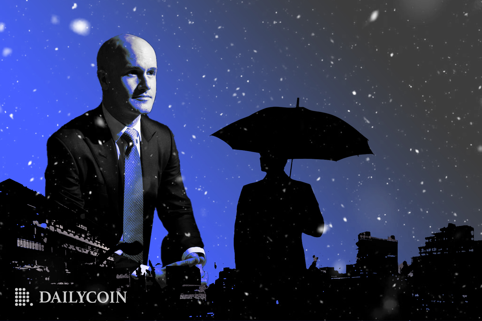 A man in a suit and a tie looks at a silhouette of a person with an umbrella