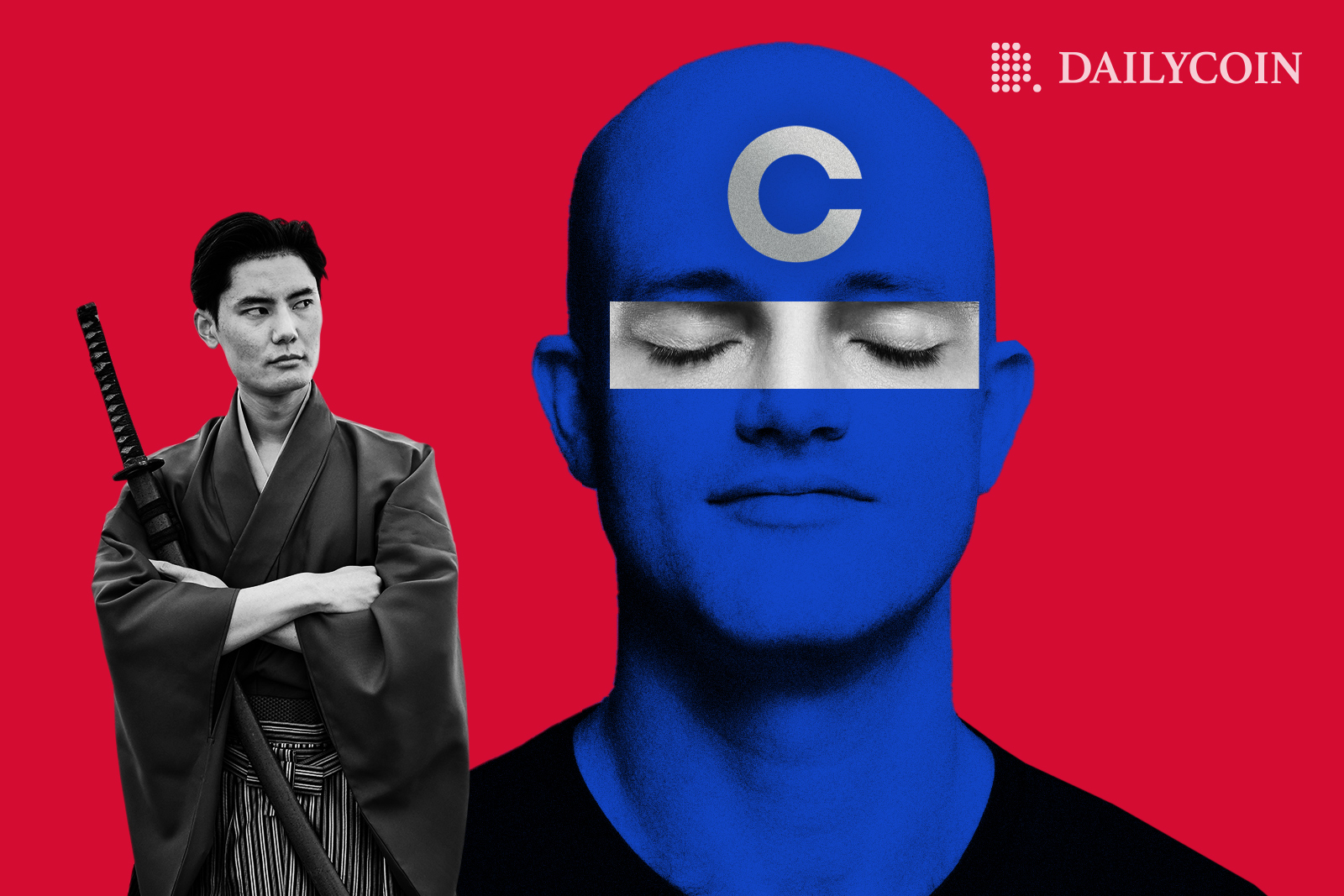 CEO of Coinbase Brian Armstrong closes eyes while a samurai looks at him