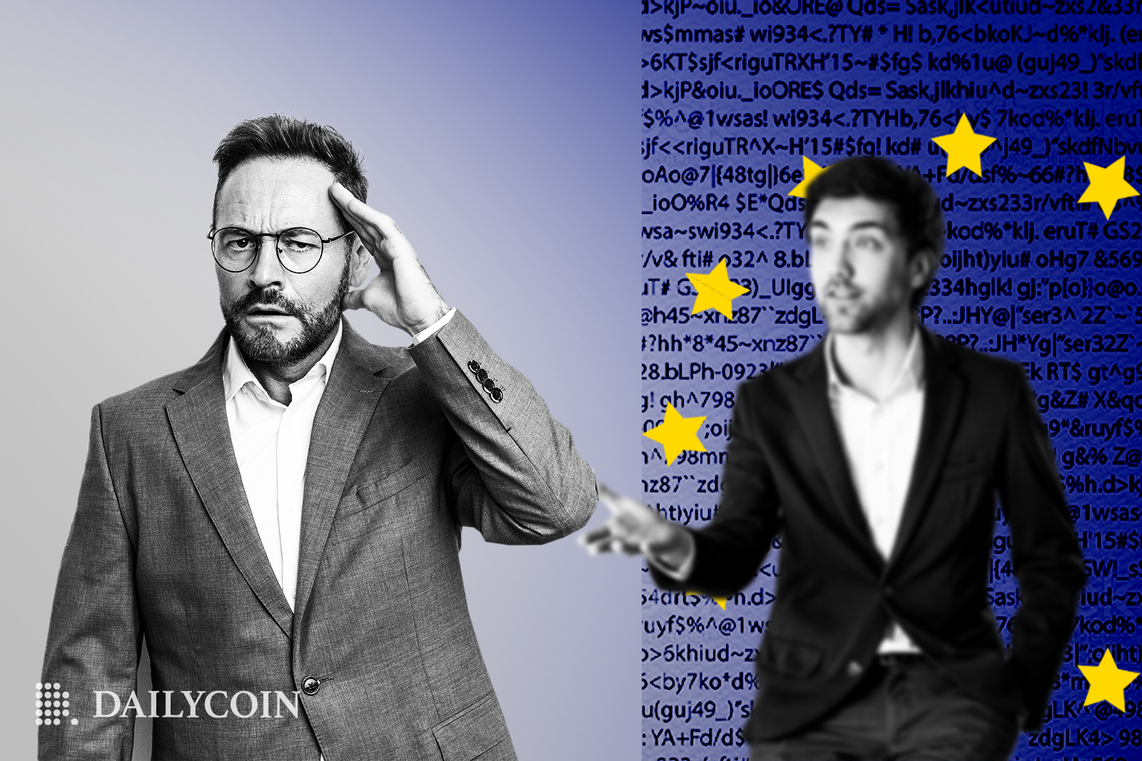 A man in a suit holds his palm next to his temple while another man also in a suit extends a hand to him on EU background.