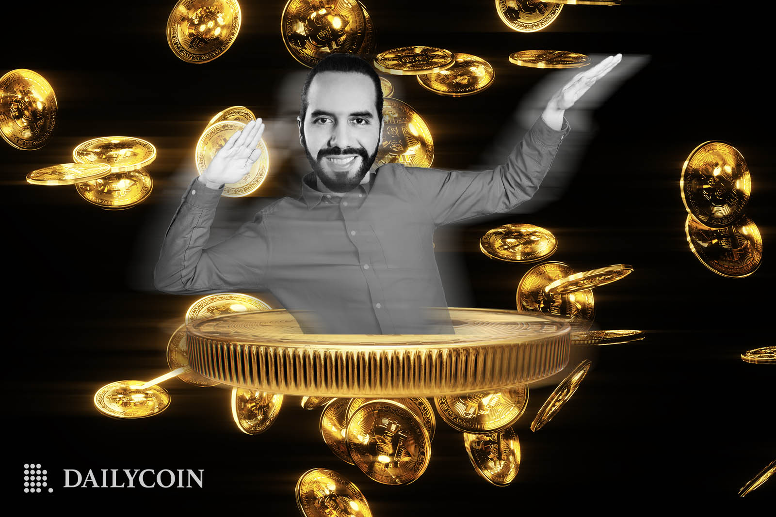 Nayib Bukele inside a Bitcoin dancing in front of falling Bitcoins.