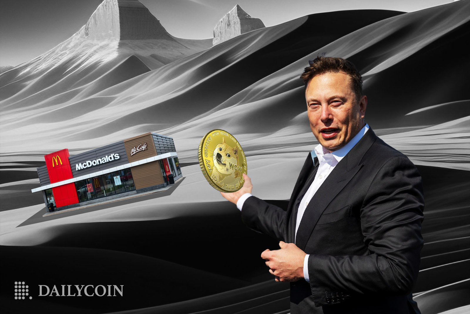 Elon Musk holding a dogecoin next to a mcdonald's.