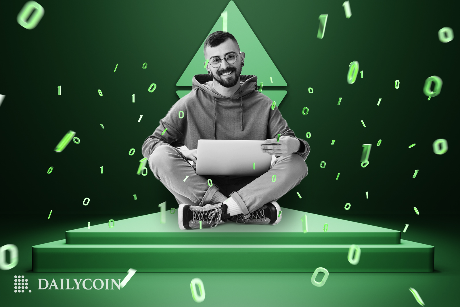 A developer is sitting on blockchain floor in front of Ethereum logo surounded by flying 1 and 0.