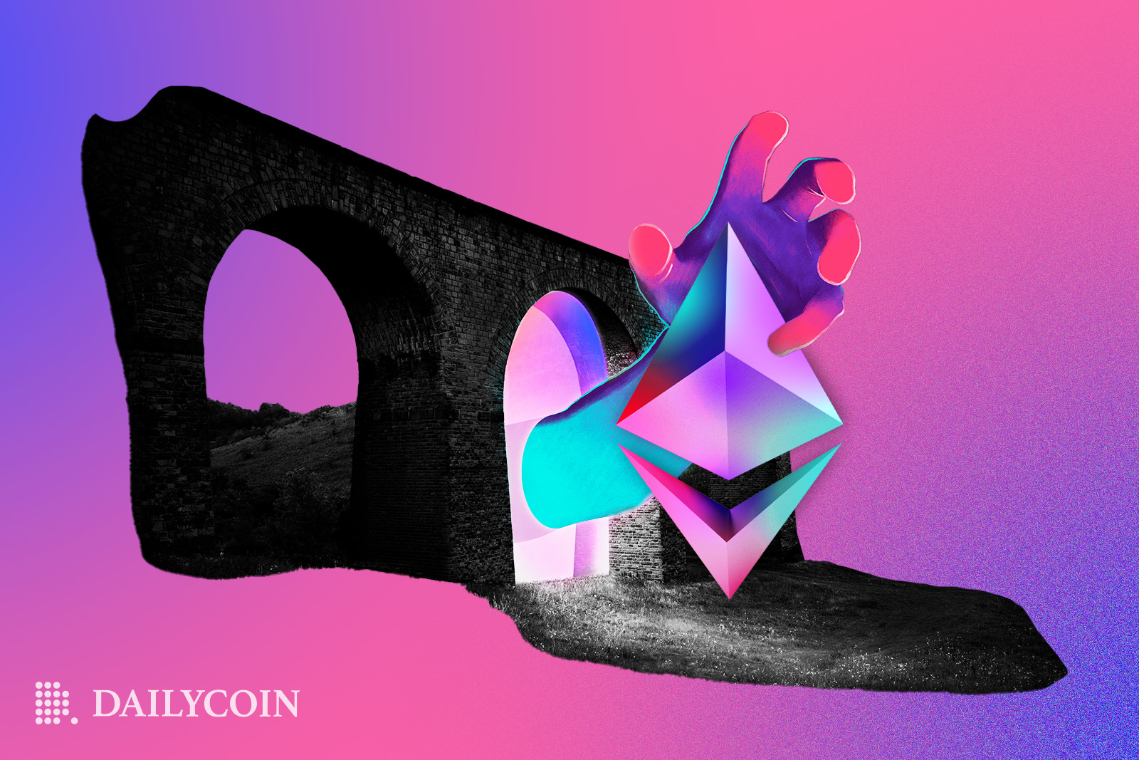 A hand coming out of a tunnel is grabbing Ethereum logo