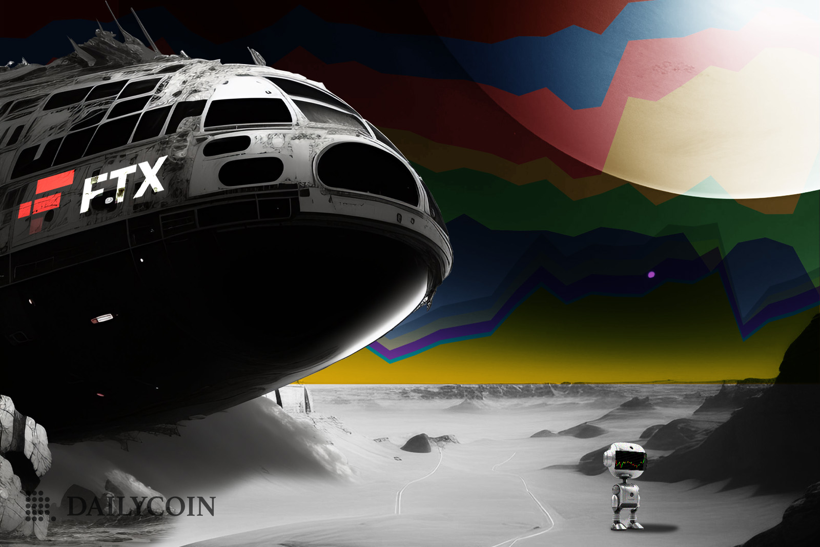 Wreck of a ship on a desolate landscape, with an FTX logo on it.