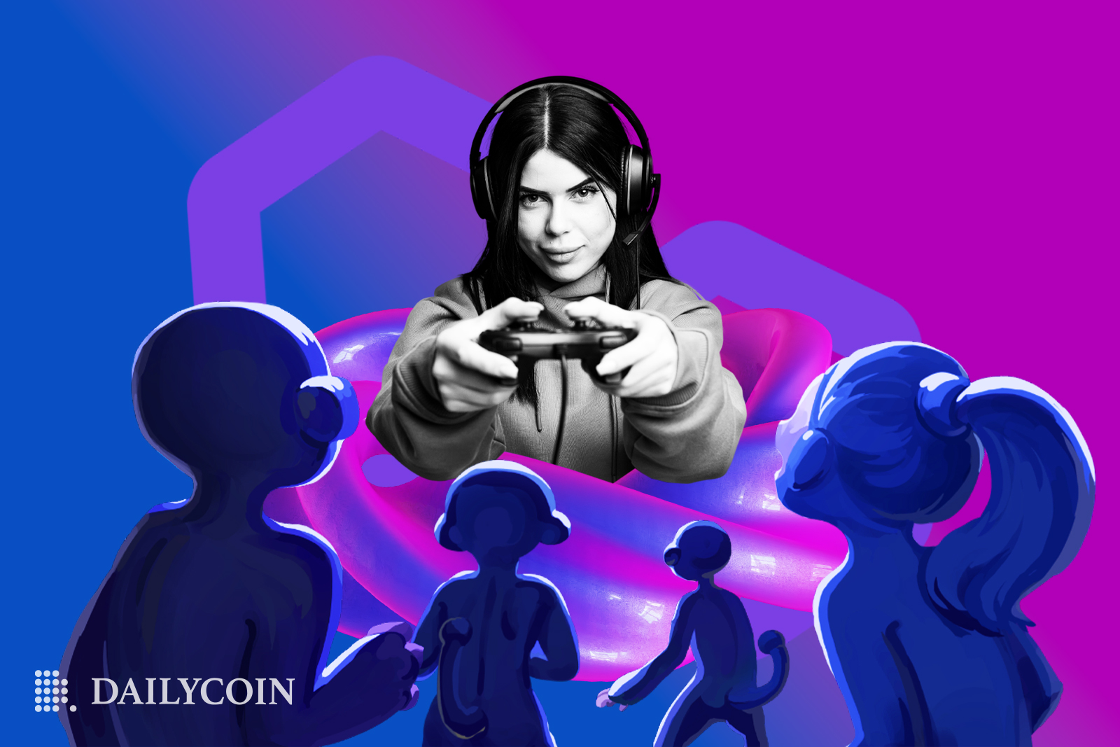 A woman holding a controller in front of game characters.