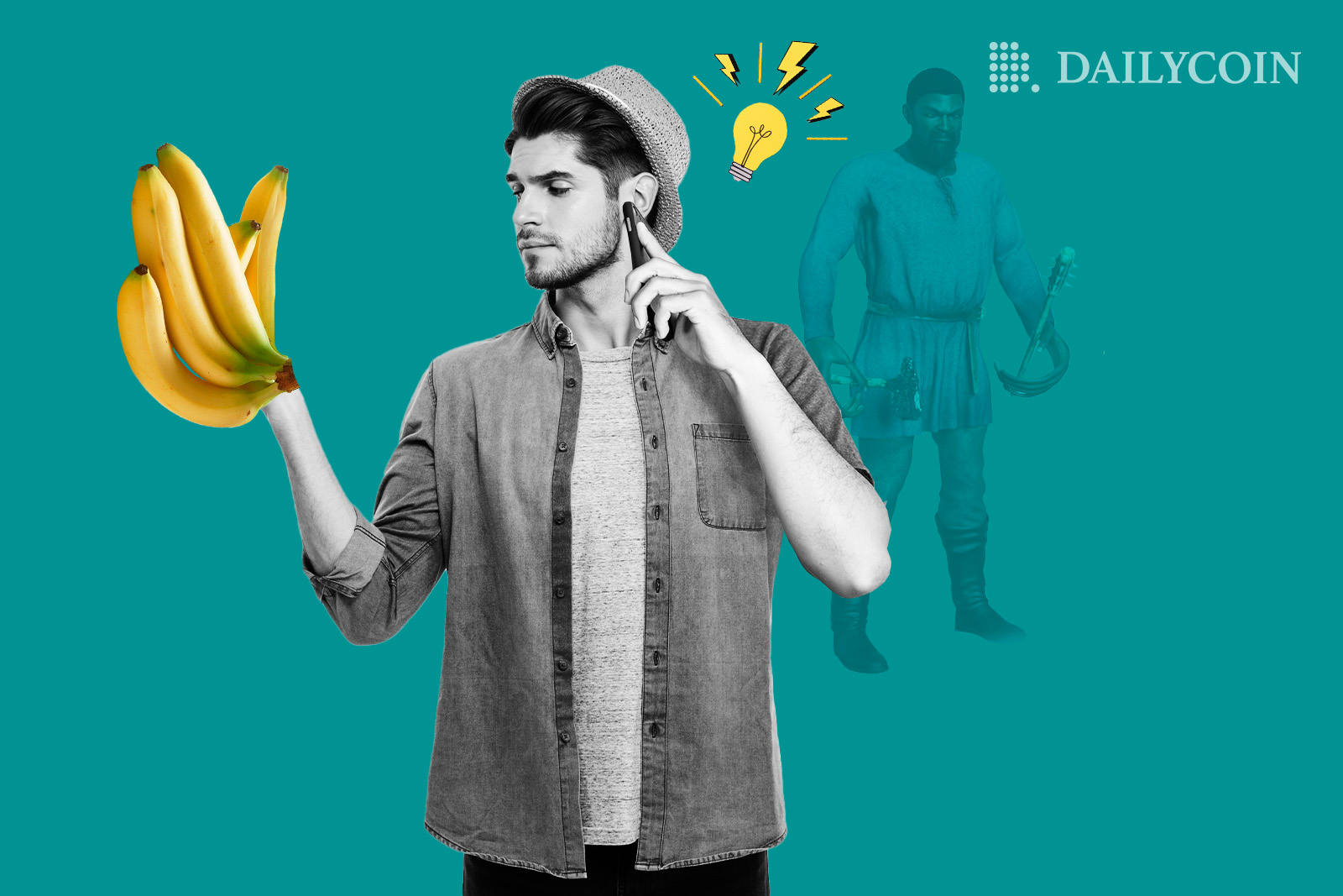 A man holding a bunch of bananas having an idea In front of a game character.