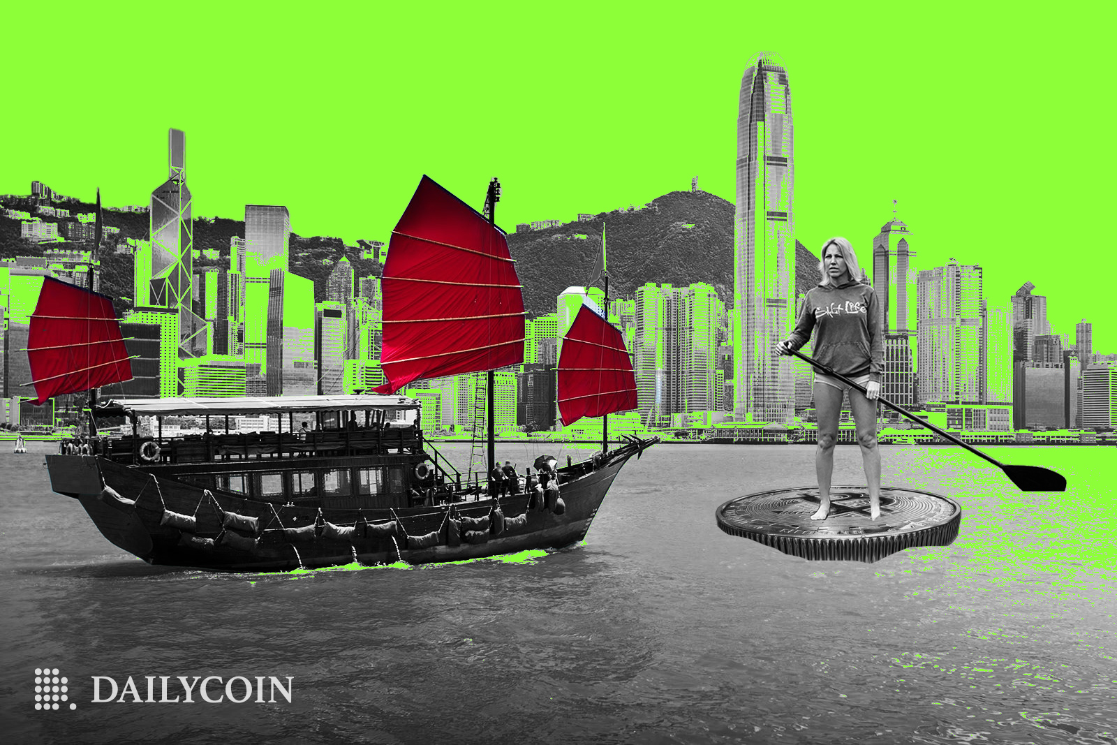 Ship with red sails sailing through Honk Kong.