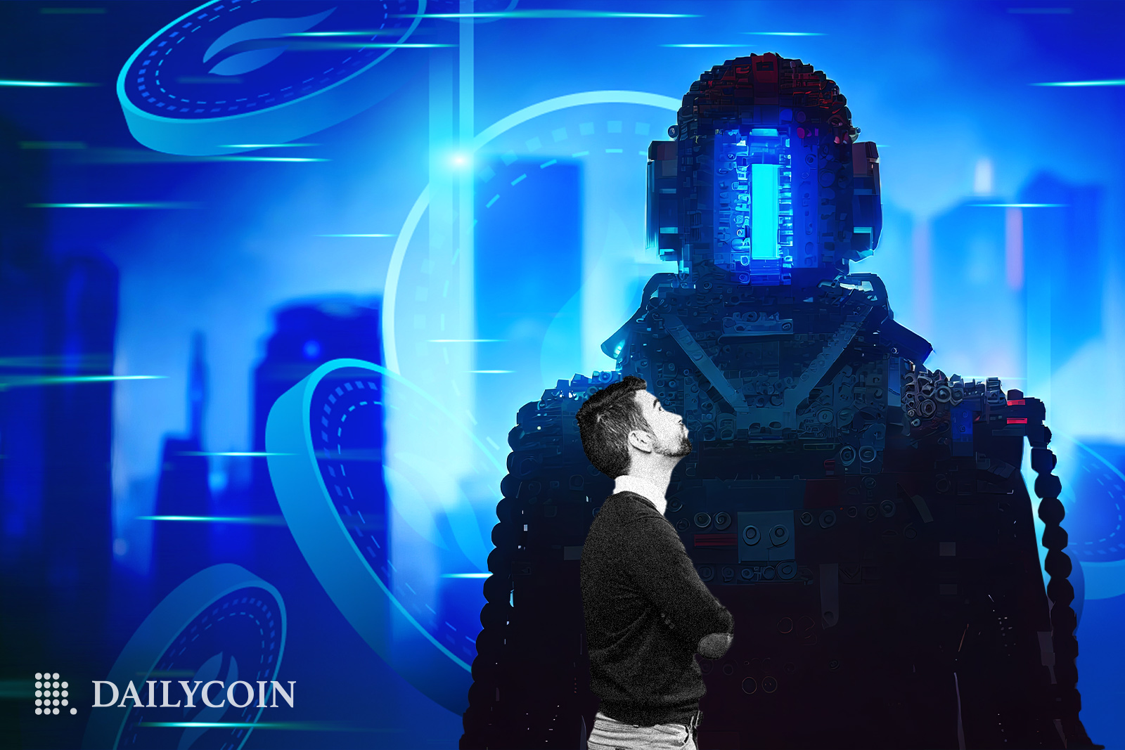 Man looking up in uncertainty towards a blue robot.