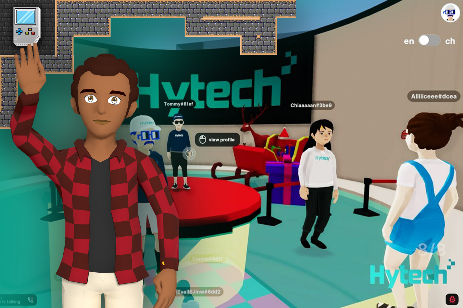 Character Decentraland with checkered shirt waving from a virtual room.