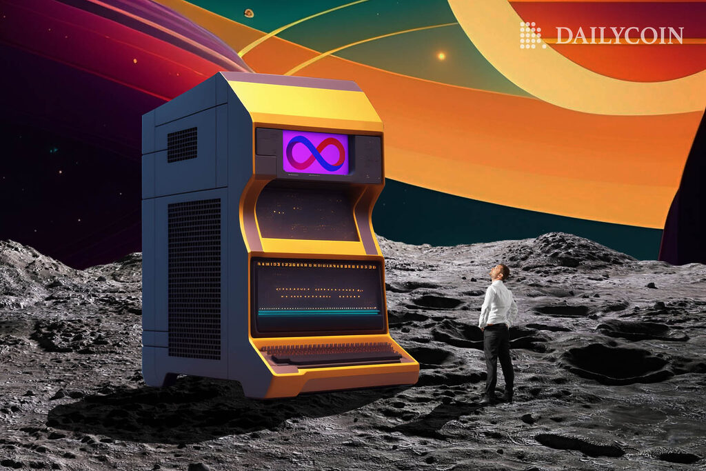A person looking at the internet computer in outer space on top of the moon,