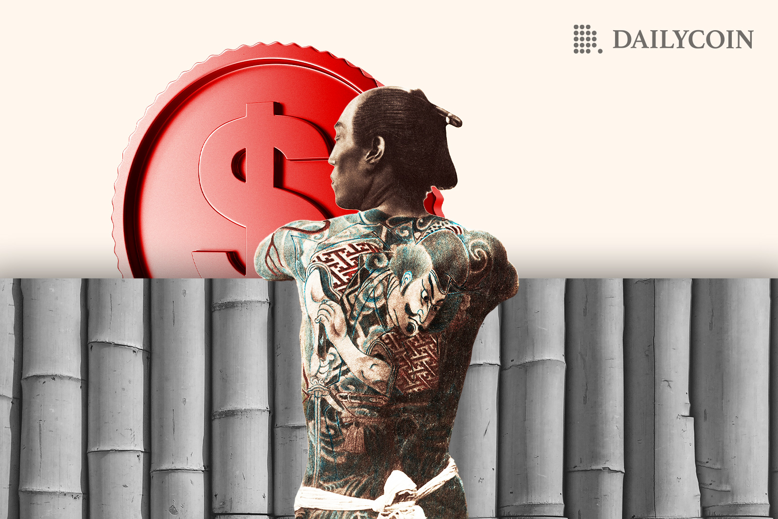 Japanese man staring at a red stabelcoin.
