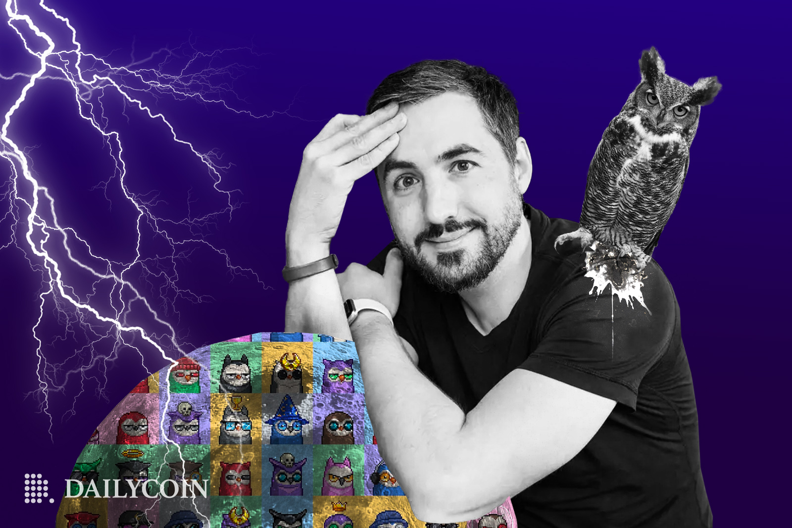 Kevin Rose with owl on his dhoulder leaning on NFTs.