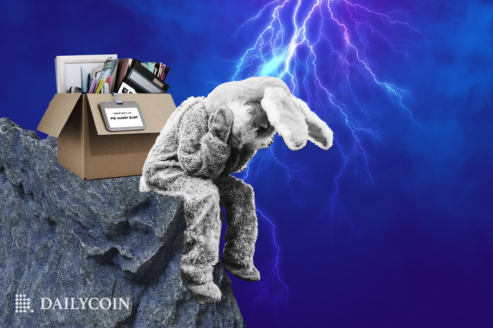 A sad fired bunny sitting on the edge of a cliff during a storm.