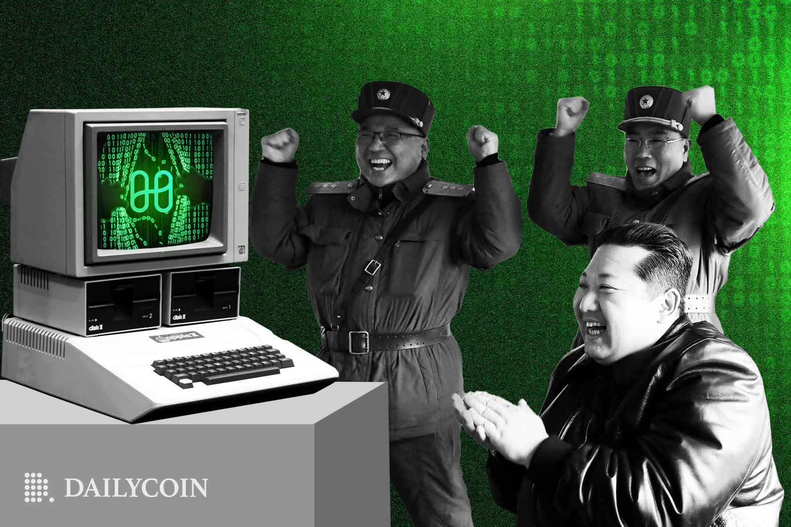 Kim Jong Un and Lazarus group celebrating in front of an old computer.