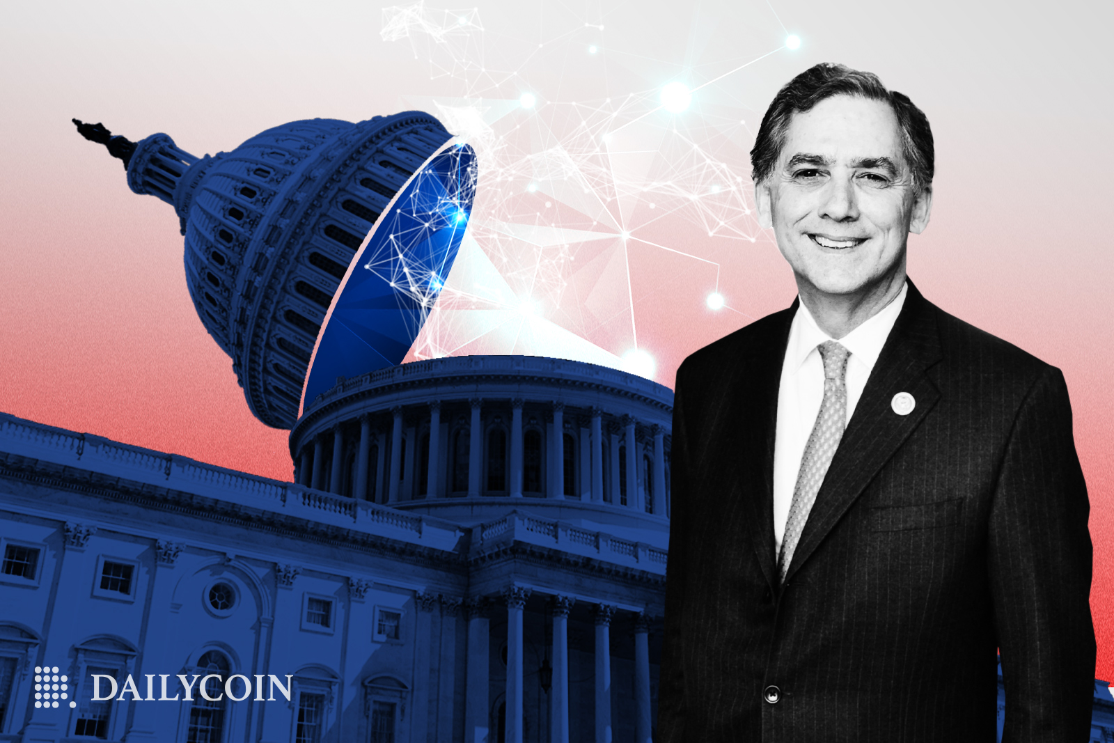 Blockchain coming out of building in USA behind a person.