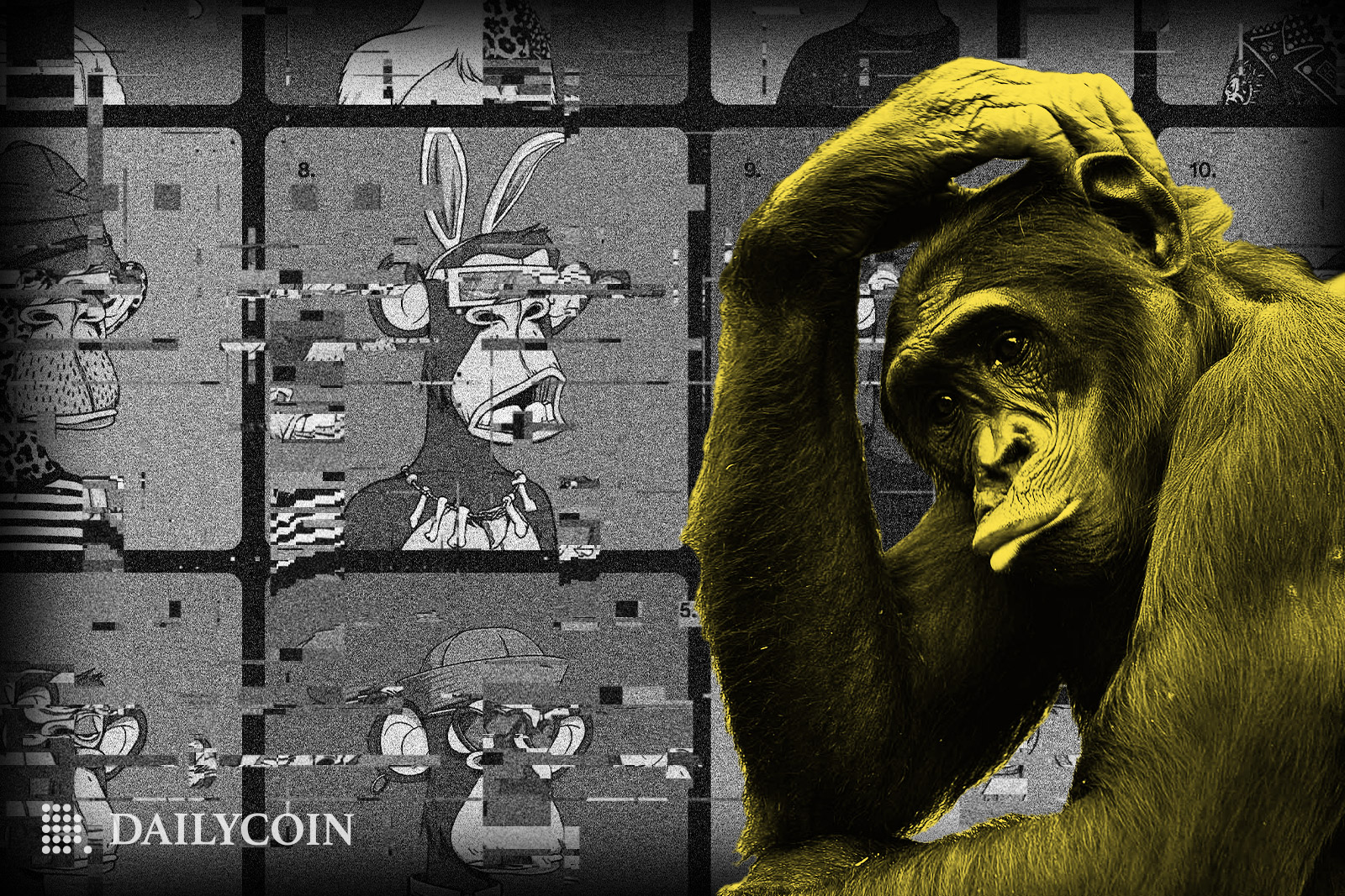 Monkey scratching head in front of bayc on a background.