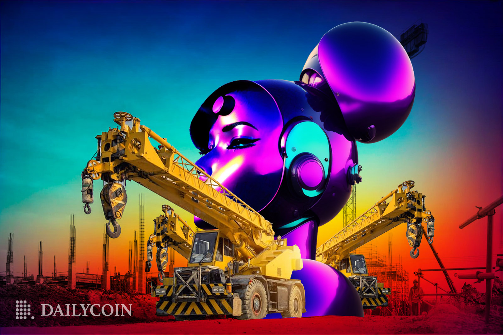 Purple sculpture of a woman robot being built.