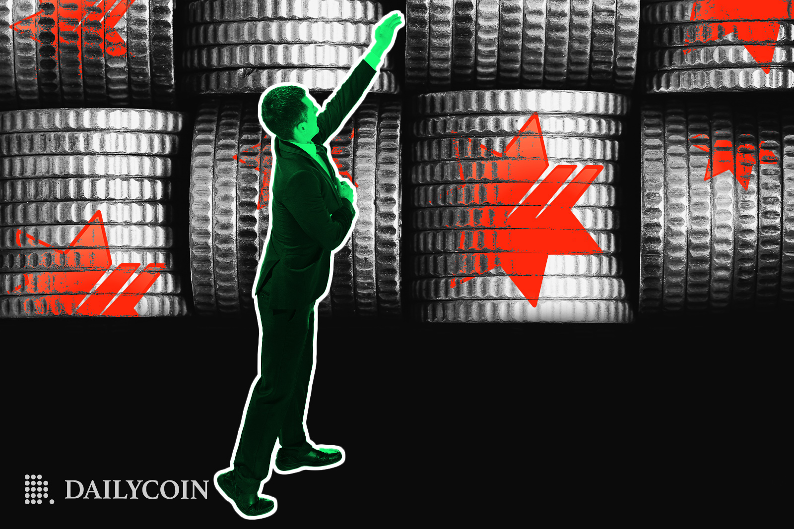 Person reaching towards giant NAB stablecoins with logo.