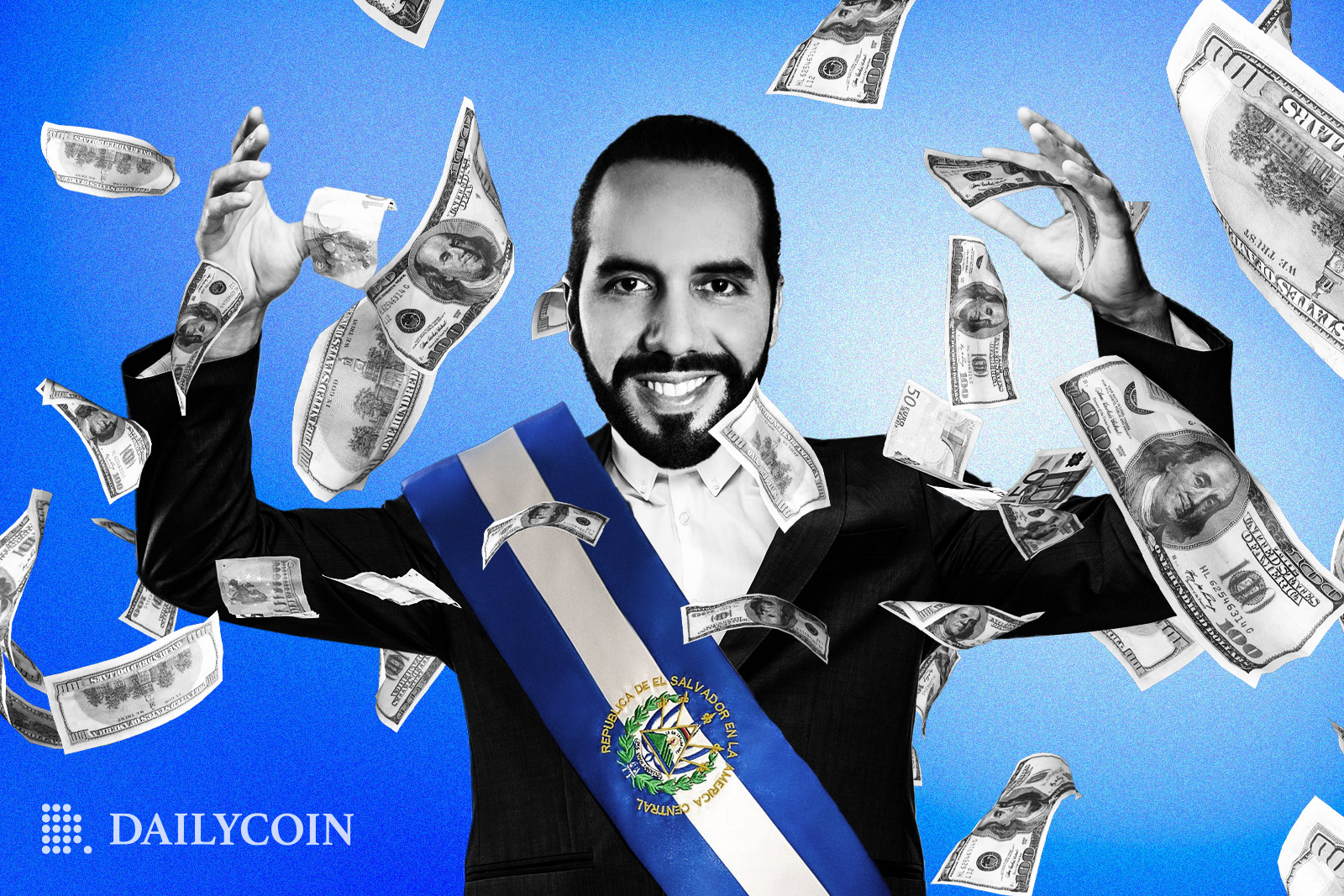Nayib Bukele wearing El Salvador flag celebrating with money flying.