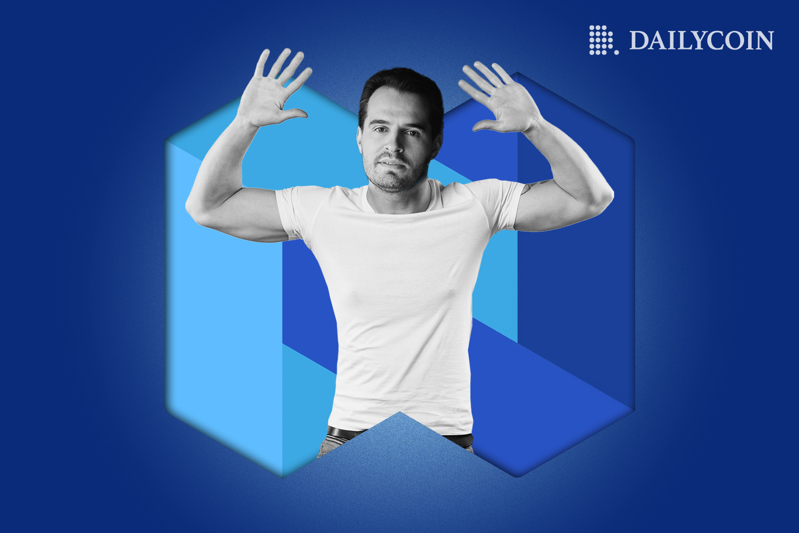 Antony Trenchev surrending in front of Nexo logo.